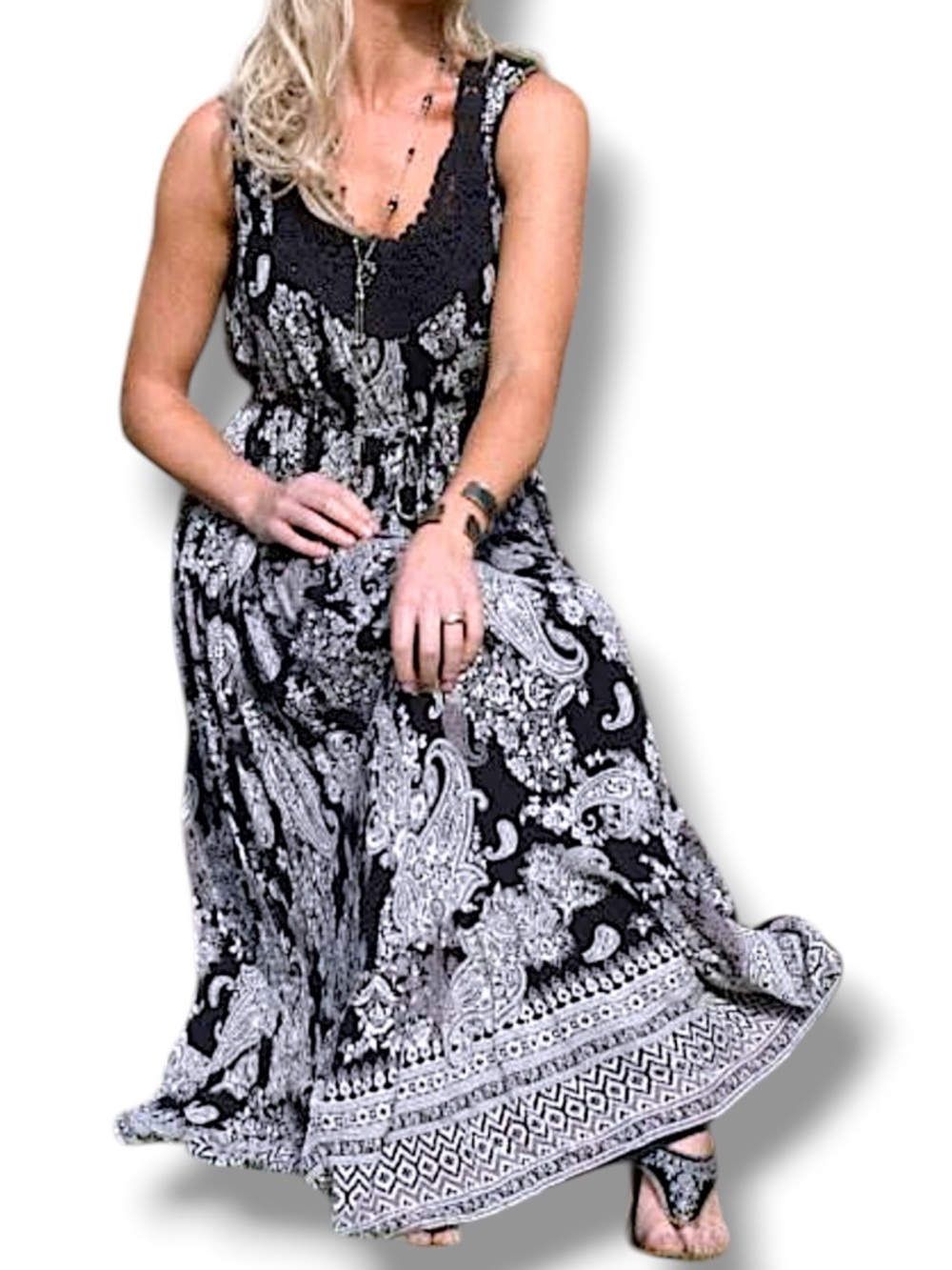 Bila Paisley Floral  Maxi Dress w/Crochet Lace Neckline Black White Tan